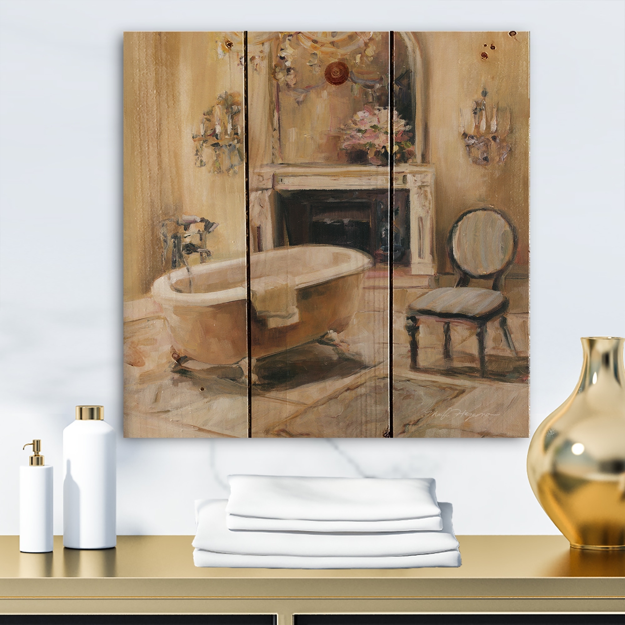 Designart French Bath I Traditional Bathroom Print On Natural Pine Wood Brown Overstock 25981872