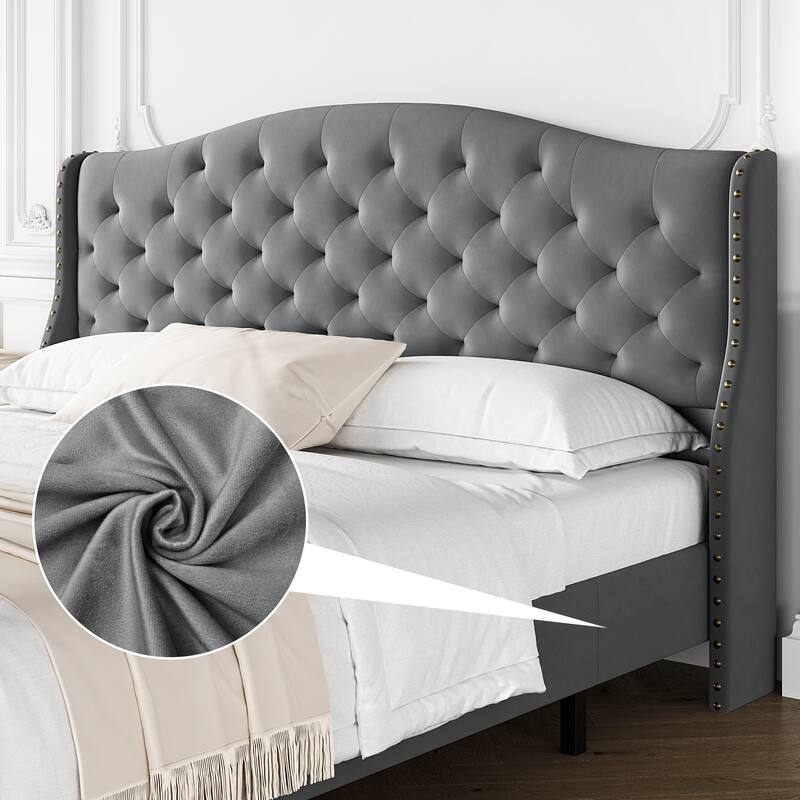 Elam Grey Tufted Upholstered Platform Bed Frame with Headboard and Footboard