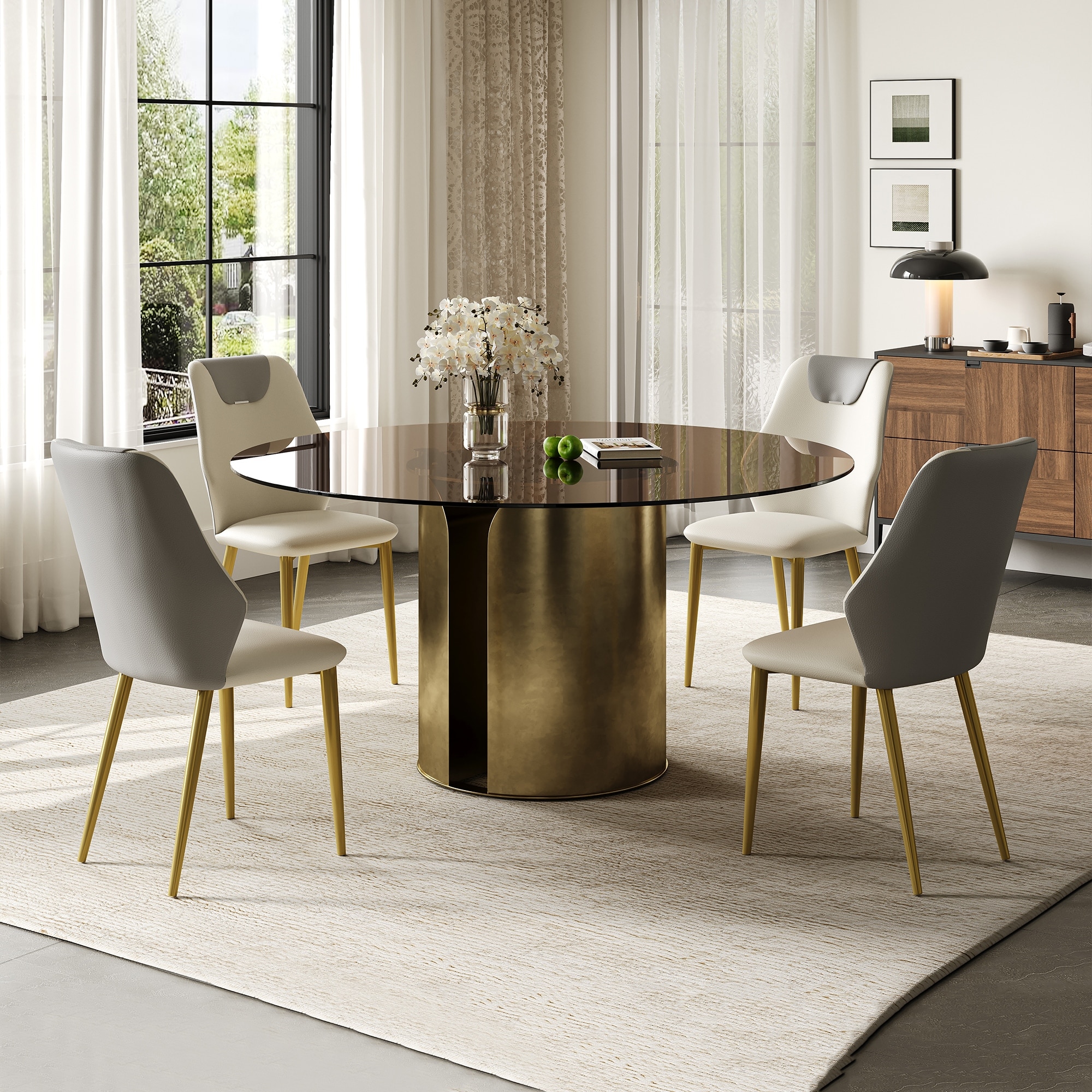 Modern Round Dark Brown Glass Tabletop Dining Table with Chairs