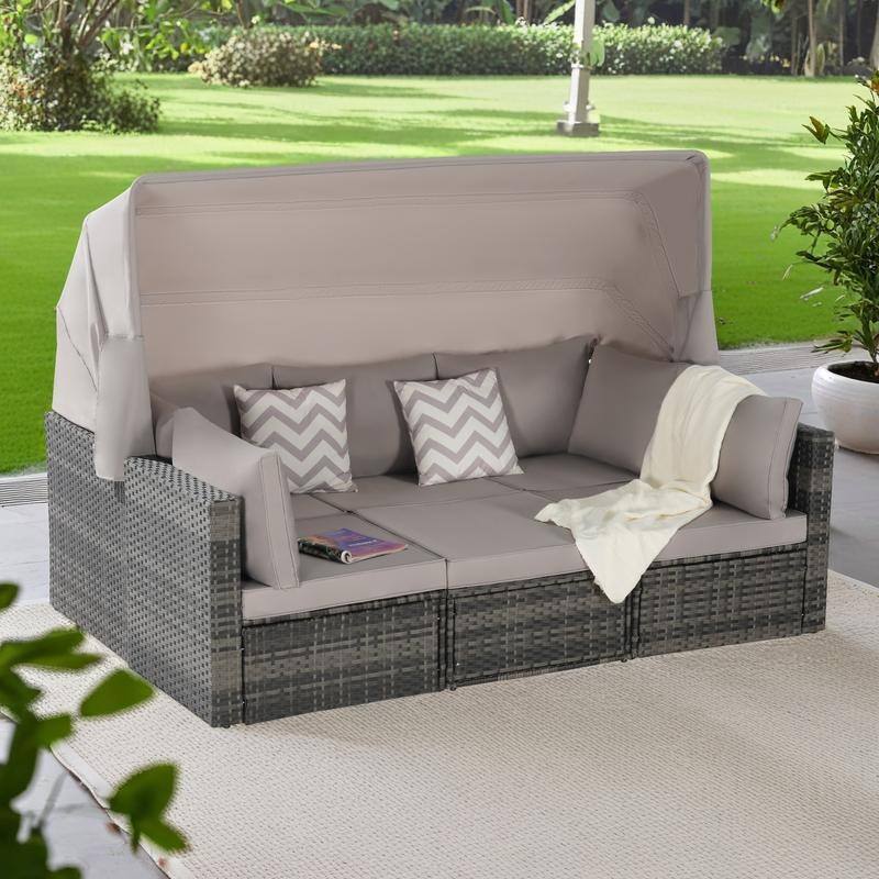 5-Piece Outdoor Patio Wicker Daybed Set with Retractable Canopy, Storable Table - Light Gray