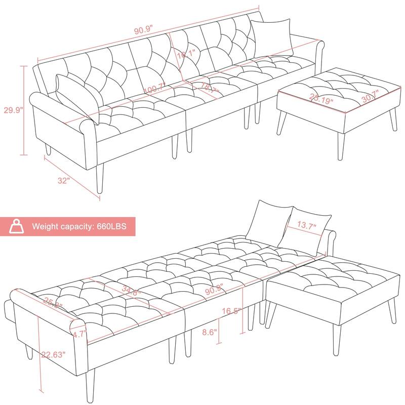 Convertible Velvet Sofa Couch, Sectional Sofa with Ottoman, Mid-Century Futon Sofa Bed - 32"D x 100.7"W x 29.9"H