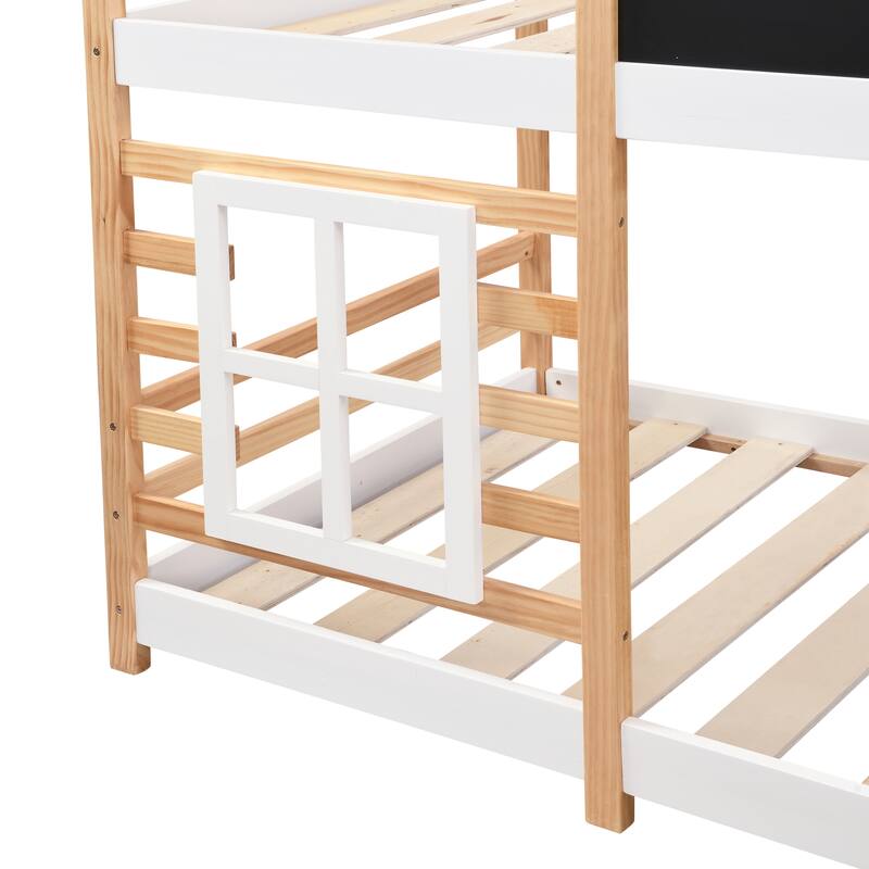 Twin over Twin Bunk Bed House Bed With Roof Windows Blackboard And Storage Ladder Platform Bed, bed Frame