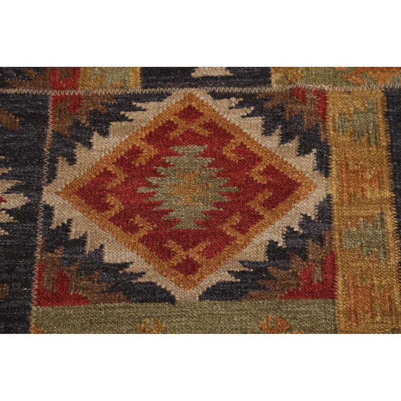Geometric Kilim Indian Area Rug Flatweave Wool Carpet - 7'7"x 9'11"