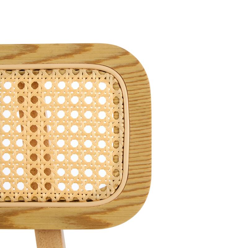 Natural Wood Bar Stools Set of 2 with Woven Rattan Backrest