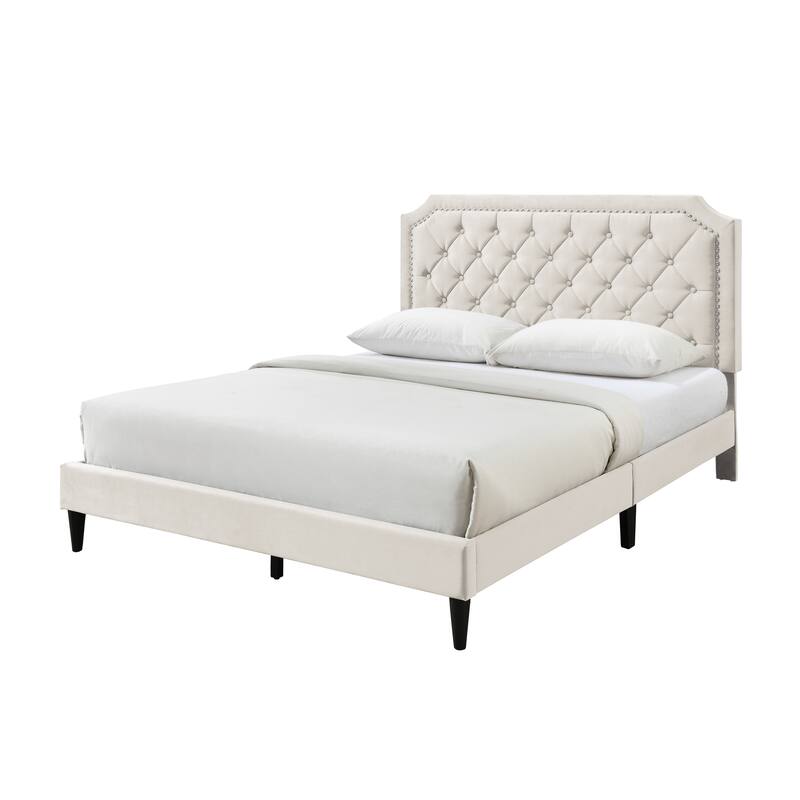 Ava Clipped-Edge Nailhead-Trim Button Tufted Upholstered Platform Bed