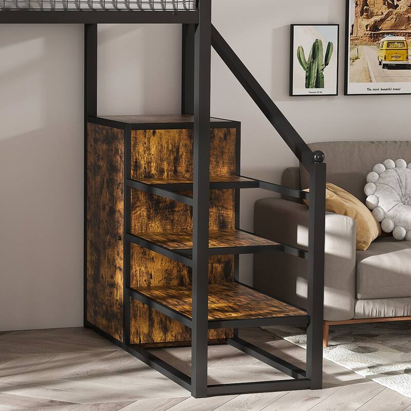 Full-Size Loft Bed w/Desk & Wardrobe - Heavy Metal Frame, Built-In Staircase, Storage Rack & Shelves