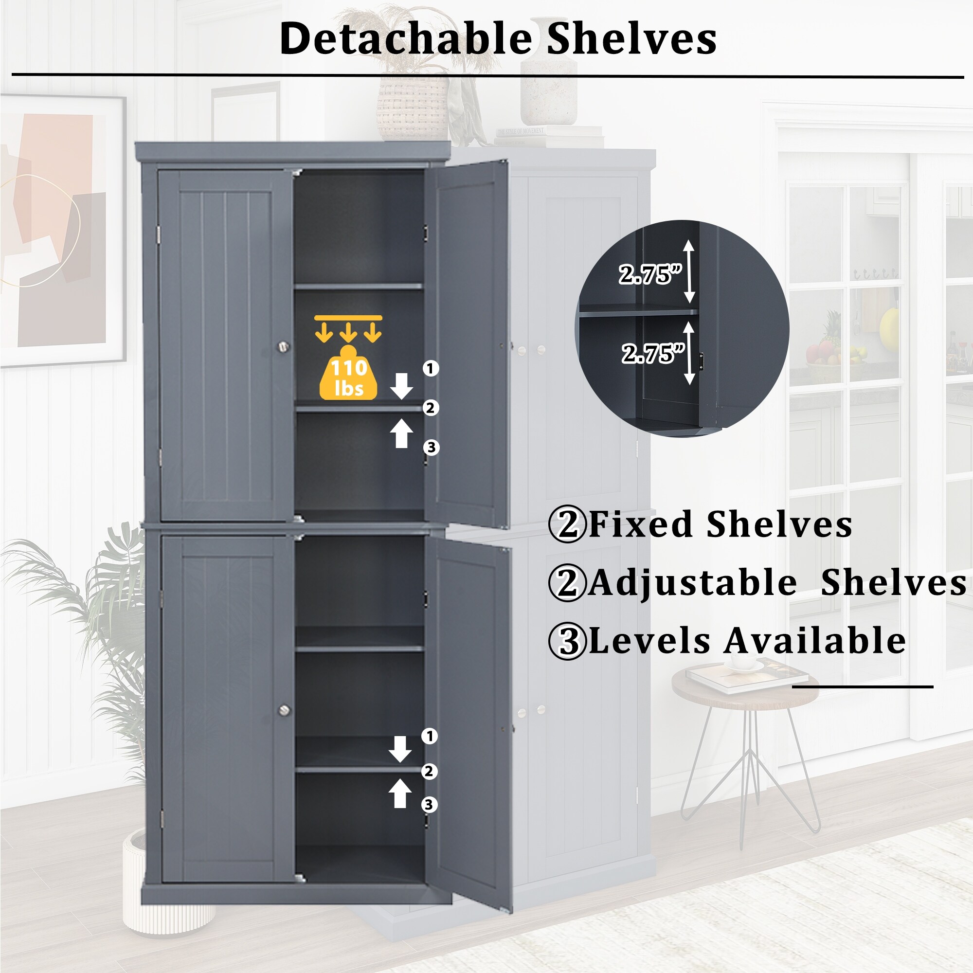 4-Door Kitchen Pantry Cabinet 72 Tall Cupboard Organizer Adjustable  Shelves