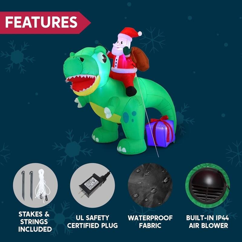 6 FT Christmas Inflatable Dinosaur with Build-in LEDs, Blow Up Dinosaur with Santa - Green