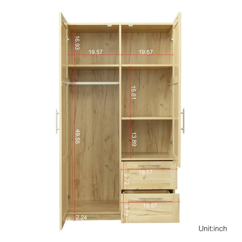 Traditional wooden wardrobe 2 door locker with 2 drawers, adjustable shelves and adult hanging rods, metal handles