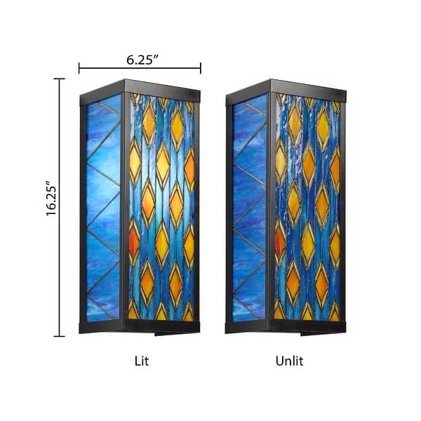 River of Goods Tiffany-Style Blue Stained Glass and Black Metal Rectangular 1-Light Outdoor Wall Sconce - 6.25" x 5.5" x 16.25"