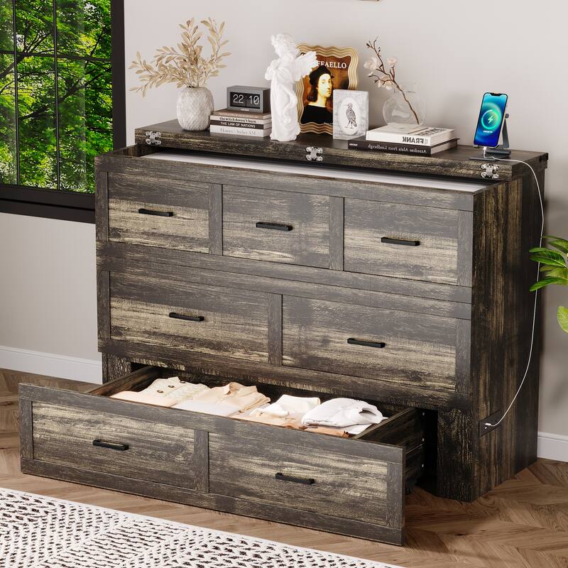 Queen/Full Size Murphy Cabinet Bed - Foldable Platform Bed with Charging Station & Large Storage Drawer