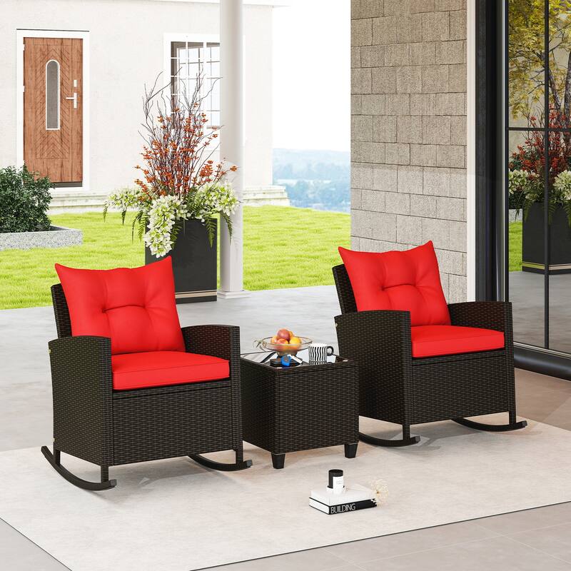 Gymax Set of 3 Wicker Rocking Set w/ Tempered Glass Table Patio