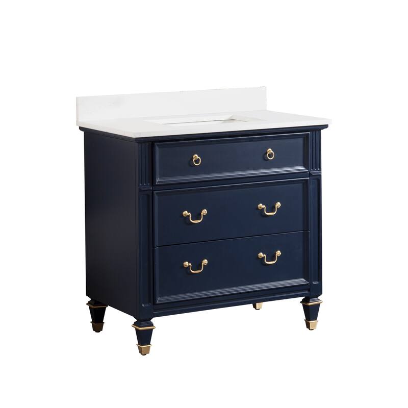 35'' H X 36'' W Solid Wood Bath Vanity with Stain-resistant Carrera White Quartz Top and Single Sink