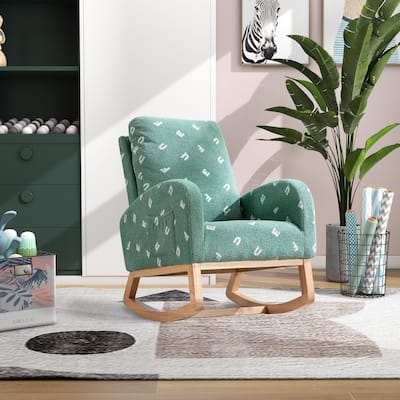 Green Modern 26.8" Upholstered High Back Rocking Chair With Side Pocket and Wood Frame