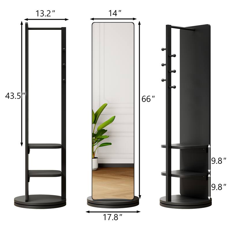 360° Rotating 66"x14" Multifunctional Full Length Mirror with Hook Storage Rack Coat Rack with Mirror Solid Wood Floor Mirror