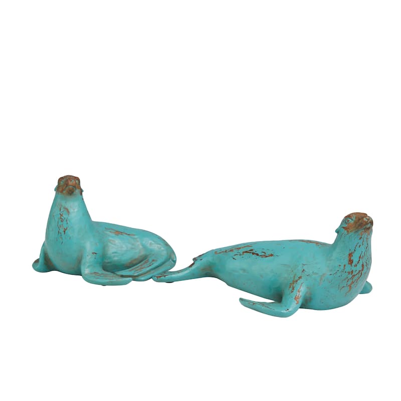 Polystone Sea Lion Distressed Sculpture with Brown Wood Inspired Accents - Set of 2 Teal - Roche River Decor - 12"W x 7"L x 5"H