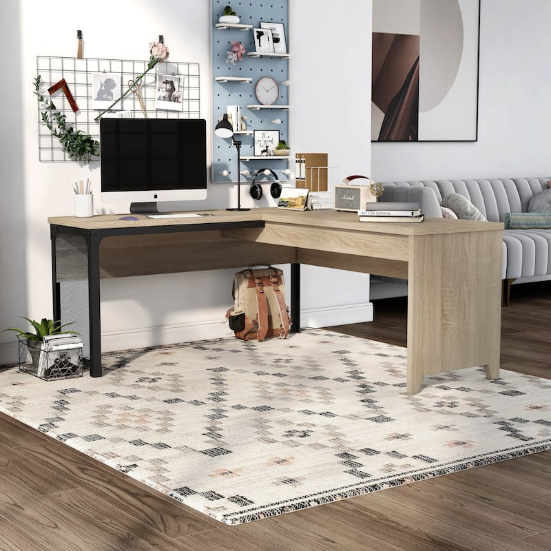 DH BASIC Industrial Natural Oak 65-inch Metal L-Shaped Standing Desk by Denhour - Natural Oak