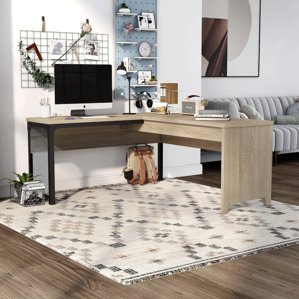 DH BASIC Industrial Natural Oak 65-inch Metal L-Shaped Standing Desk by Denhour