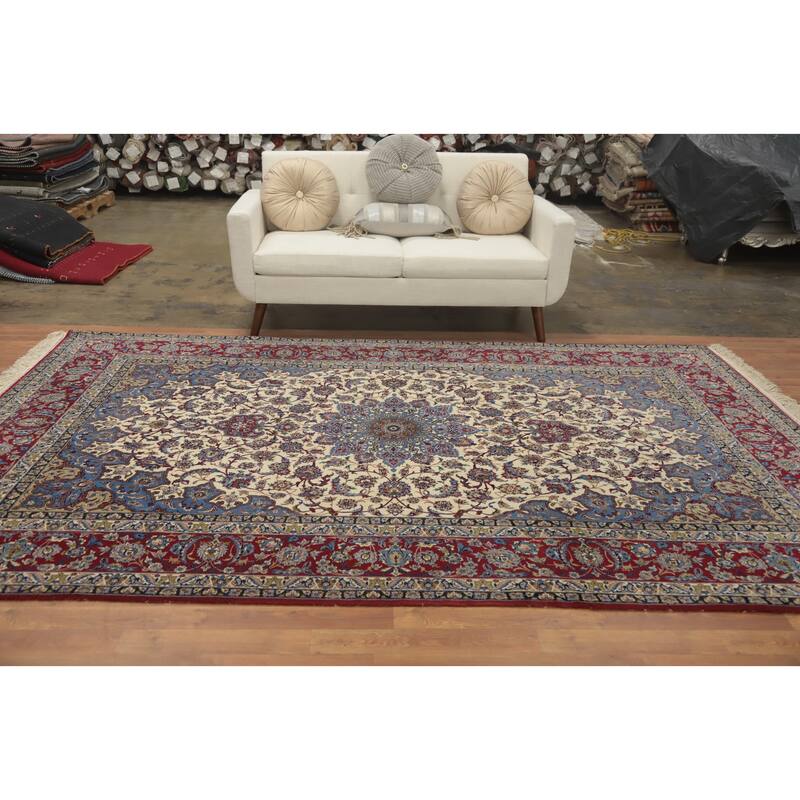 Hand Knotted Oriental 100% Kork Wool Carpet Traditional Floral Beige & Ivories Isfahan Area Rug - 10' 7'' X 6' 7''