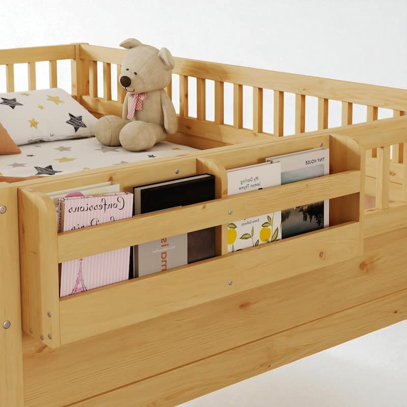 Twin/Full Montessori Wooden Floor Bed with High Rails, LED Light, and Side Storage Shelf for Kids