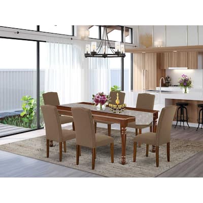 Southwestern Dining Set 7Pc Rectangle Table & 6 Chairs - Linen Fabric, Dark Coffee Finish