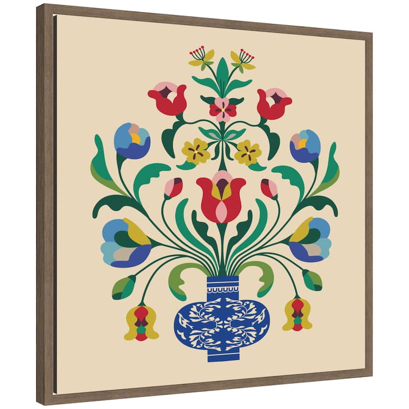 Kate and Laurel Floral Blue Vase 02 by Rachel Lee Framed Canvas Wall Art Print - 22 x 22 - Brown