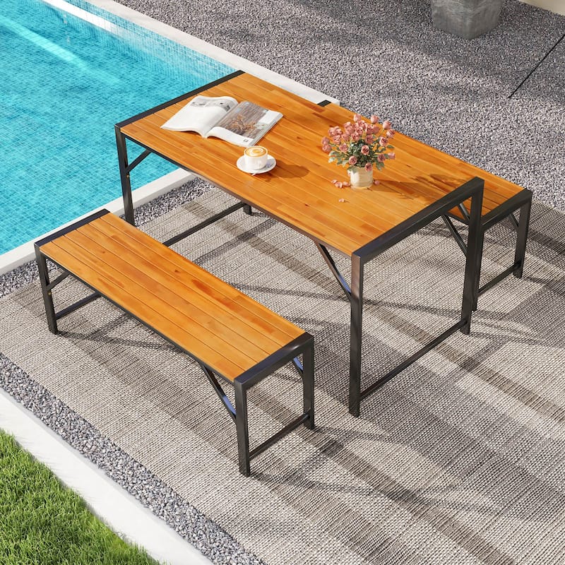 Gymax 3 PCS Patio Dining Set for 6 People 53'' Acacia Wood Picnic