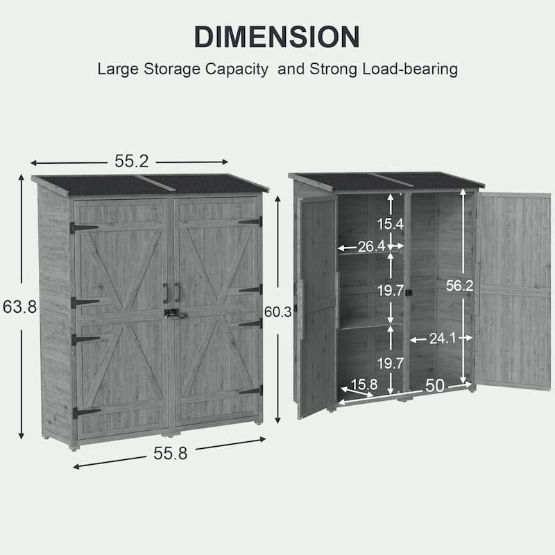 Outdoor Storage Cabinet with 3 Shelves, Wooden Garden Shed with Waterproof Roof