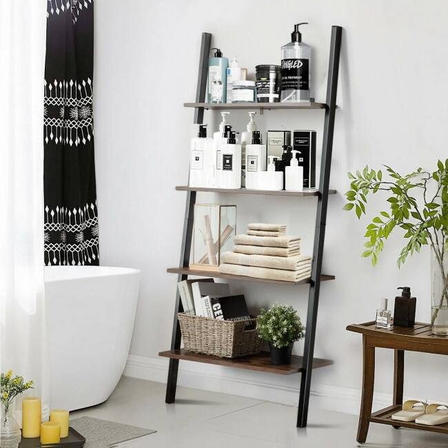 Multipurpose 4-Tier Industrial Leaning Wall Bookcase with Metal Frame - 25'' x 14'' x 60'' (L x W x H)