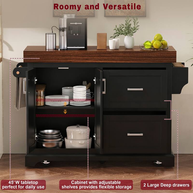 53 Inch Kitchen Island Cart with Thick Desktop Drawers Spice and Towel Racks