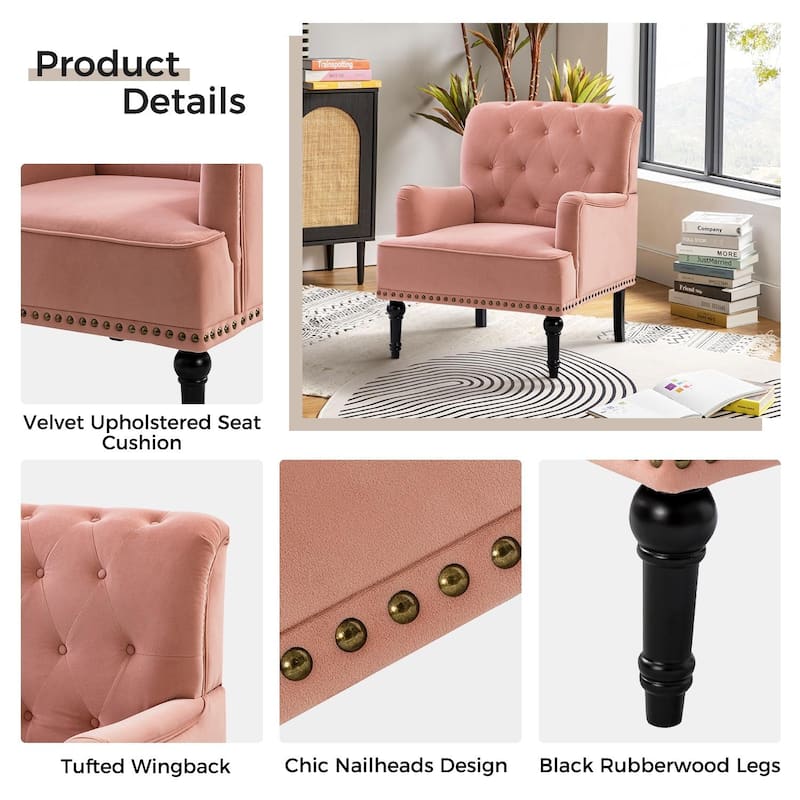 Geltrude Transitional Upholstered Button Tufted Club Chair with turned wooden Legs by HULALA HOME