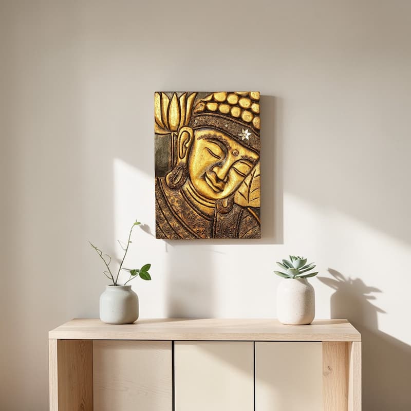 16" Silver Buddha Wall Panel - Hand Carved Decorative Wood Relief, Zen Spiritual Wall Art