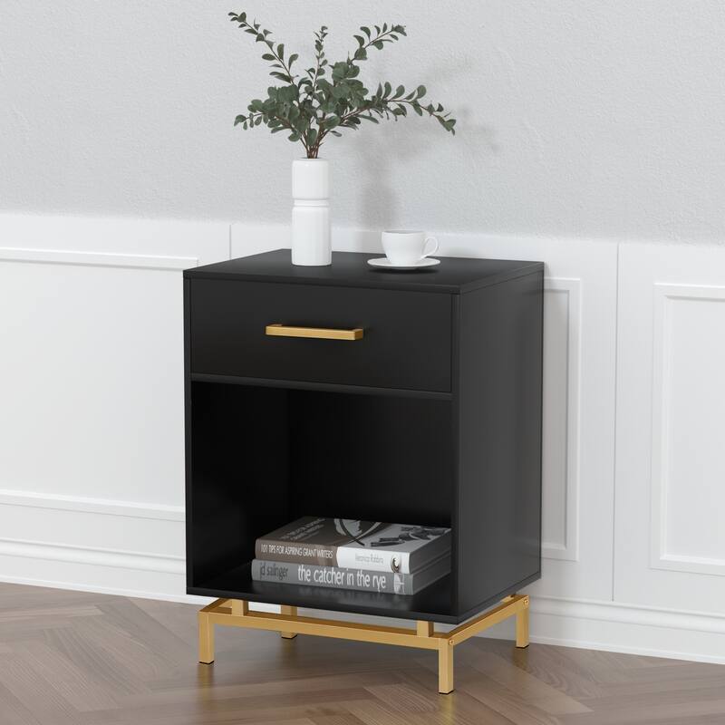 Anmytek Modern 1-Drawer Black Nightstand Wood Bedside Table End Table with Open Shelf for Bedroom