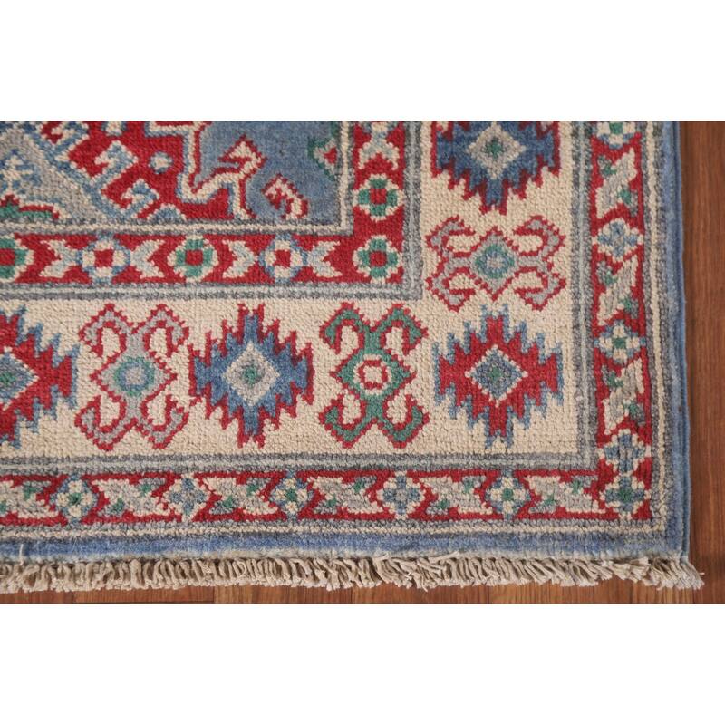 Hand Knotted Oriental 100% Wool Carpet Traditional Geometric Navy Blue & Blues Kazak Runner Rug - 8' 11'' X 2' 9''