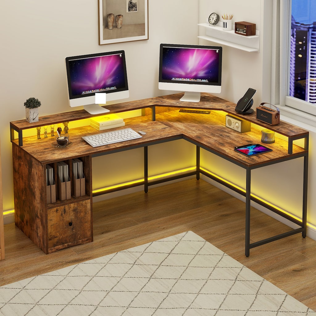 Moasis 66 Inch L Shaped Desk with File Drawer Industrial Corner LED Gaming Desk with Power Outlets