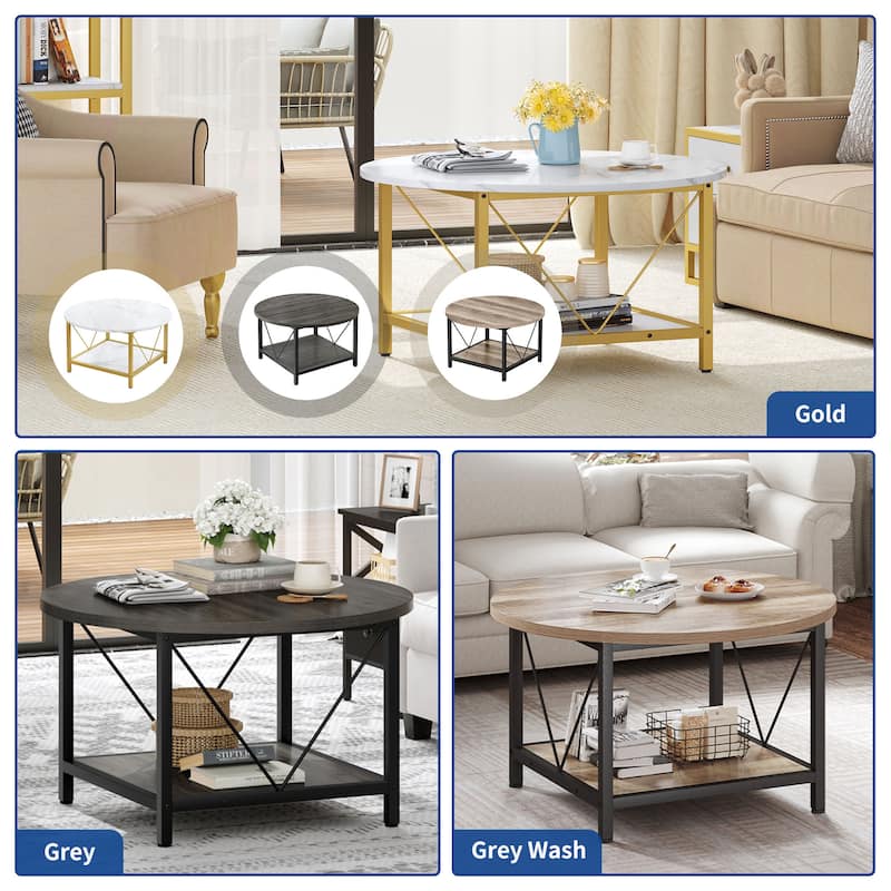 Moasis Industrial 2-Tier Round Coffee Table with Shelf