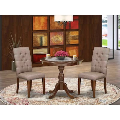3-Piece Mahogany Finish Solid Wood Top Button Tufted Upholstered Dining Room Set (Seats-4)