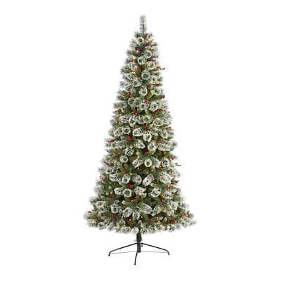 8' Frosted Swiss Pine Artificial Christmas Tree with 550 Clear LED Lights and Berries