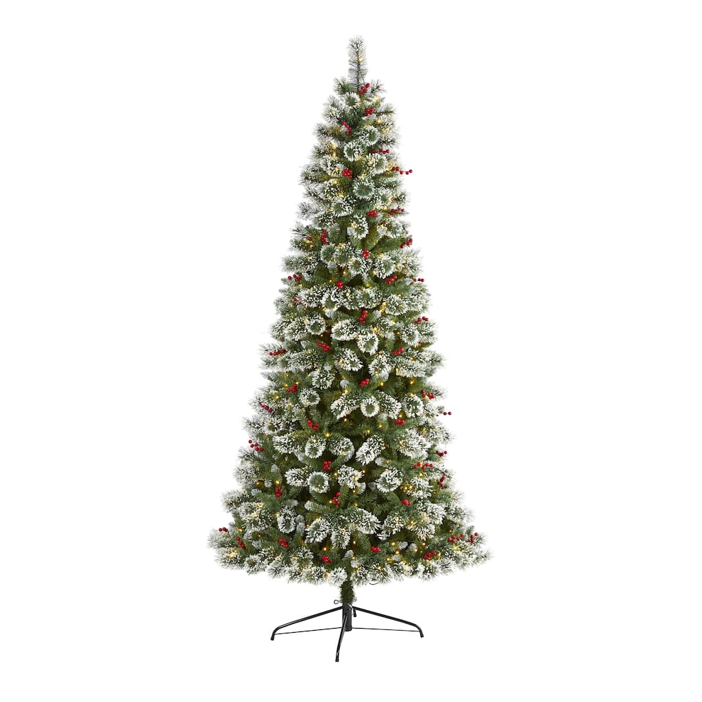 8’ Frosted Swiss Pine Berries Artificial Christmas Tree Warm Clear LED - 8 Foot