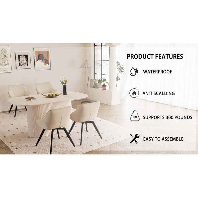 63" medieval modern cream style MDF dining table and 4 sets of black metal leg PU decorative chairs