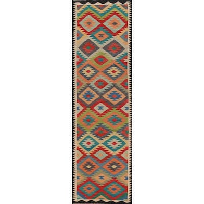 Hand Woven Oriental 100% Wool Carpet Southwestern Geometric Multi-Colored Kilim Runner Rug - 12' 10'' X 2' 9''