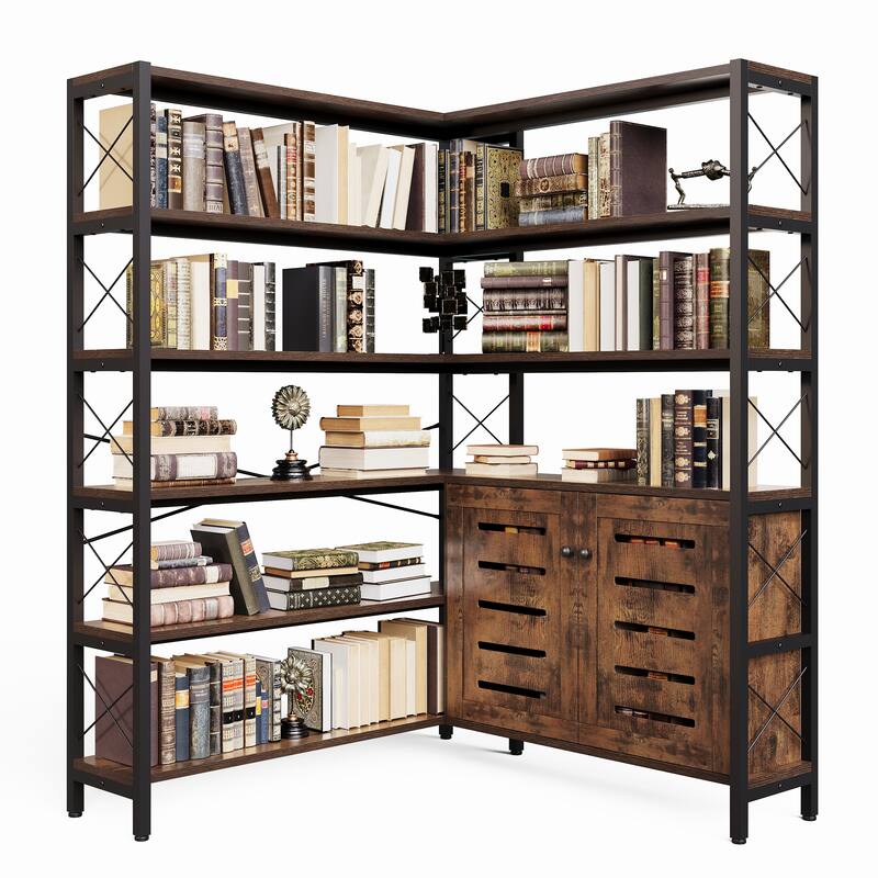 6-Shelf Corner Bookshelf, Vintage Industrial with Storage Cabinet, Large Bookcase Wooden - 6 Tier - Brown