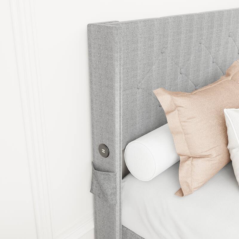 Full Size Lift-Up Storage Bed Frame with USB Ports & Modern Wingback Headboard, No Box Spring Needed
