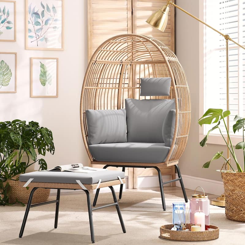 Egg Chair Basket Chair with Ottoman and Cushion Outdoor Lounge Chaise - Blue Neutral