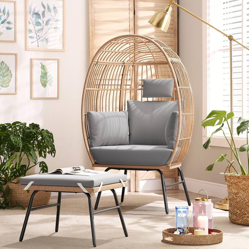 Outdoor Garden Wicker Egg Chair And Footstool Patio Chaise