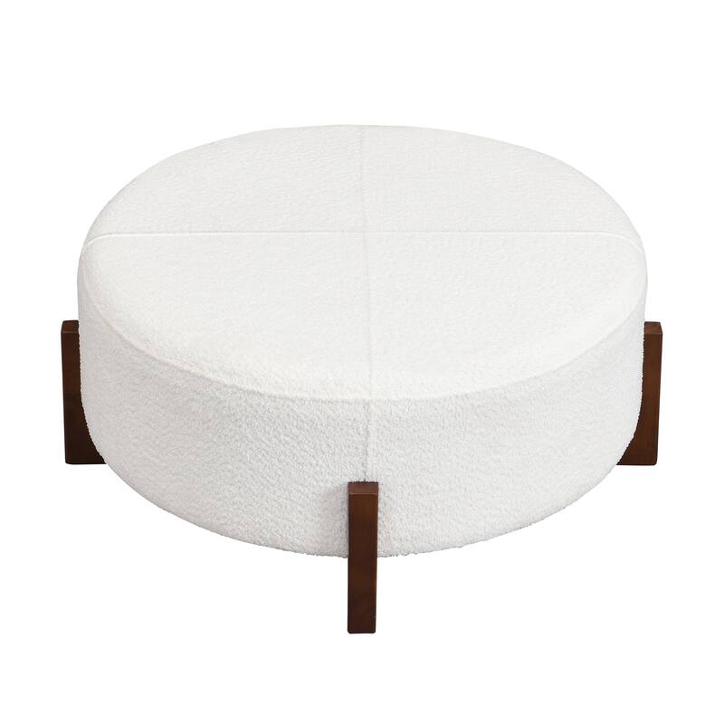 Christopher Knight Home - 34" Round Tufted Upholstered Cocktail Ottoman, Leather Coffee Table with Solid Wood Legs
