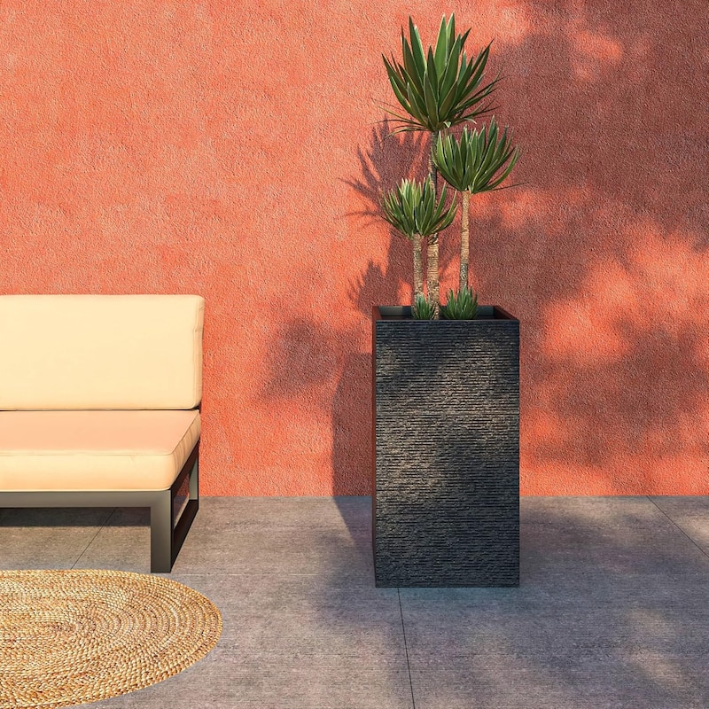 Basalt Tall Square Fiberstone Planter Modern Weather-Resistant Design for Indoor Outdoor Patio Planter Pot with Drainage