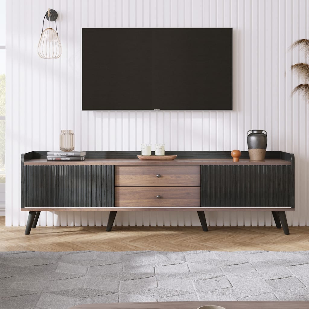 63" Mid Century TV Stand with Push Pull Cabinets and Cable Holes