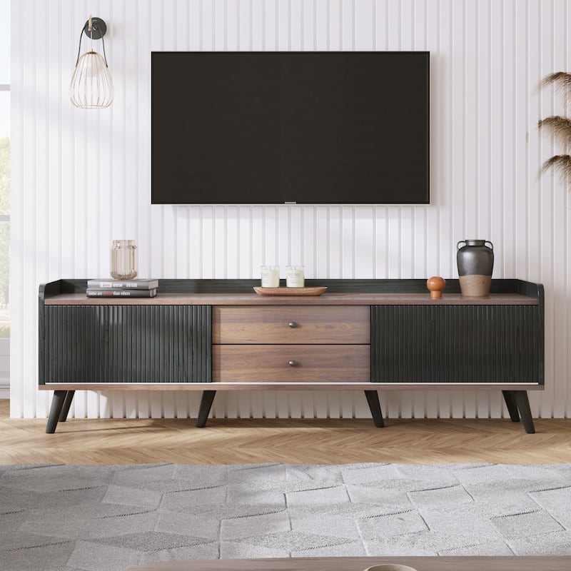 63" Storage TV Stand with with 2 Drawers and 2 Push-Pull Storage Cabinets, Entertainment Center for TVs up to 70" - Dark Coffee+Black