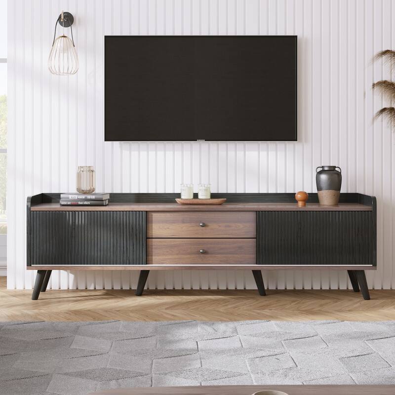 Modern Farmhouse TV Stand with 4 Storage Shelf and 2 Drawers for Living Room Bedroom and Home Theater - Black